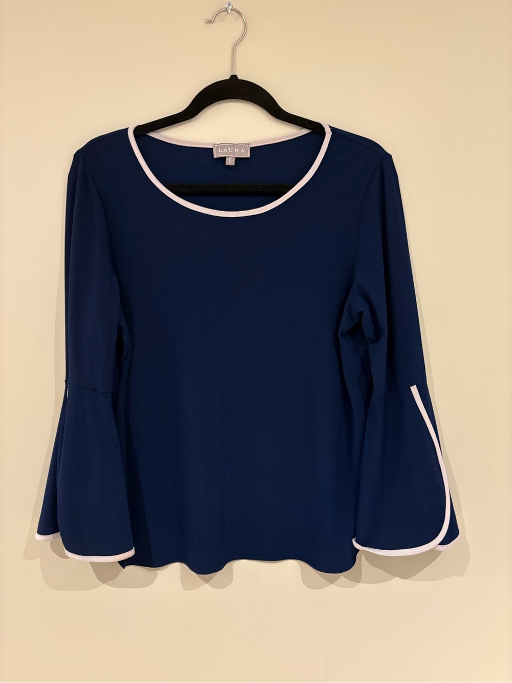 LAURA Navy Wide Sleeve Top with White Trim Hippie